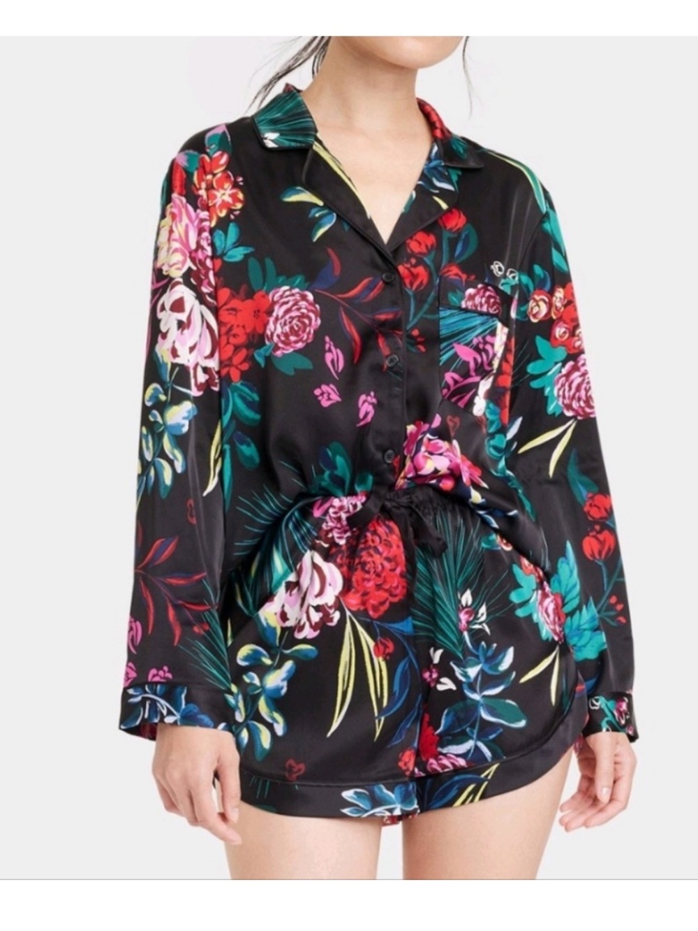 Stars Above Satin Pajamas, black floral print, size Medium, EUC